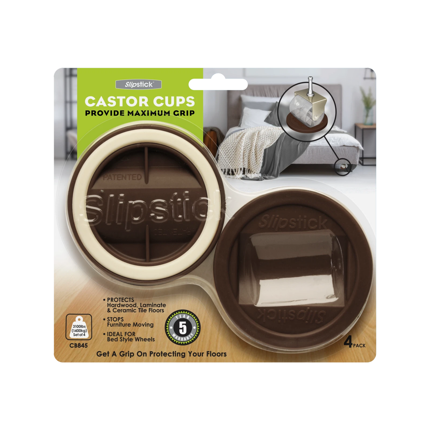 Slipstick Chocolate Castor Cup Gripper 4 Pack - Floor Protection & Anti-Slip for 50-56mm Wheels