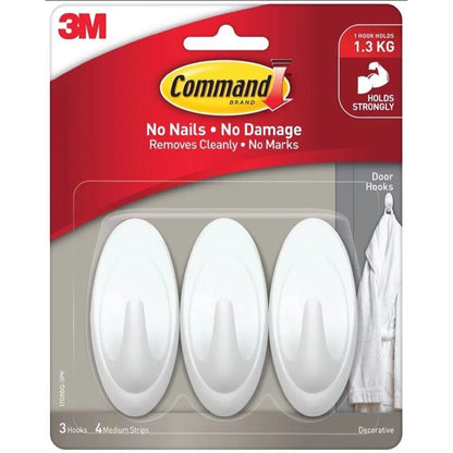 Command™ Medium White Adhesive Door Hooks 3 Pcs - Damage-Free, Strong Hold, Versatile Use