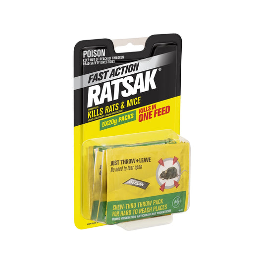 Ratsak 100g Fast Action Rodent Control Throw Packs - 5 x 20g, Fast-Acting, Safe for Kids & Pets