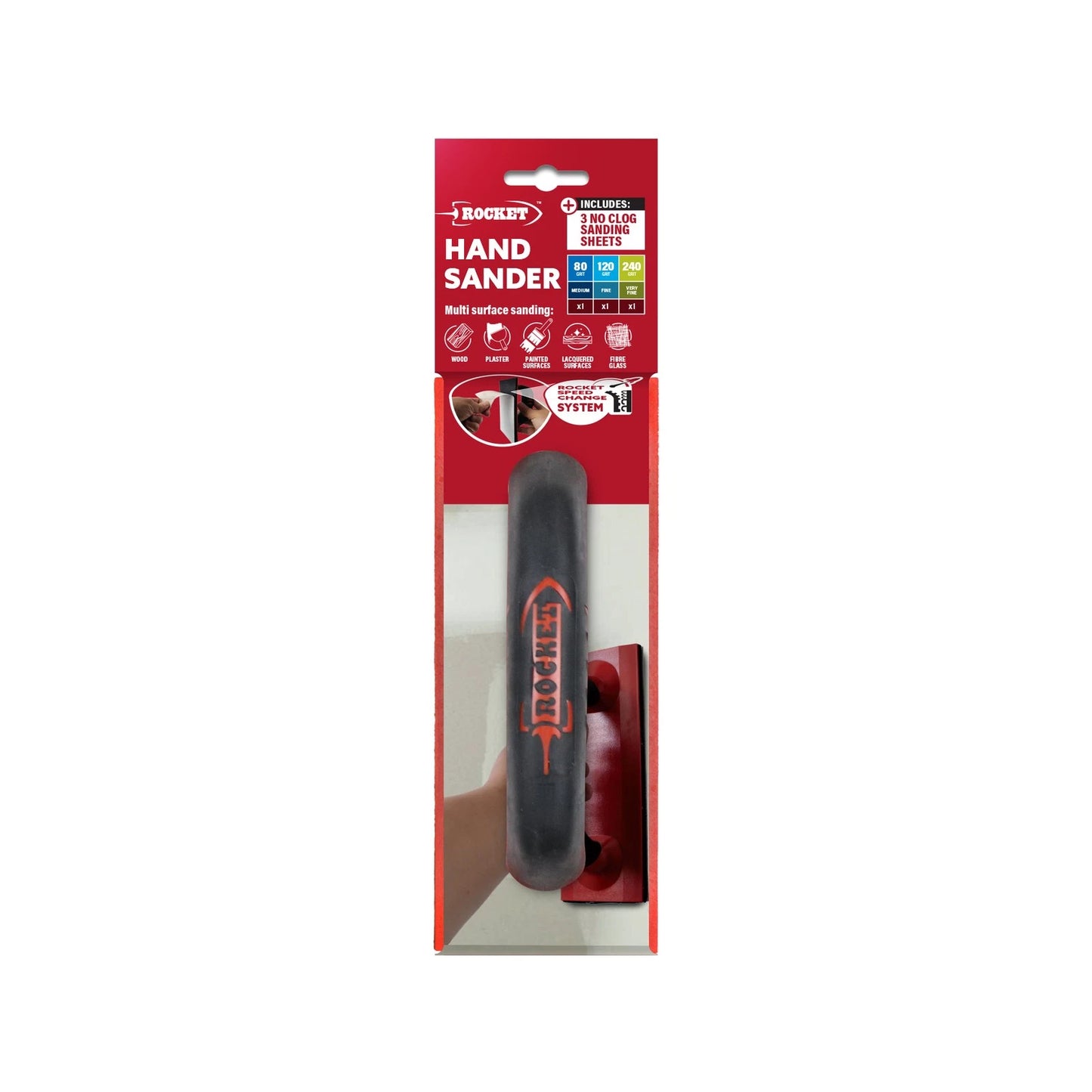Rocket Hand Sander - Ergonomic Grip, Multi-Surface, Includes Sandpaper Kit