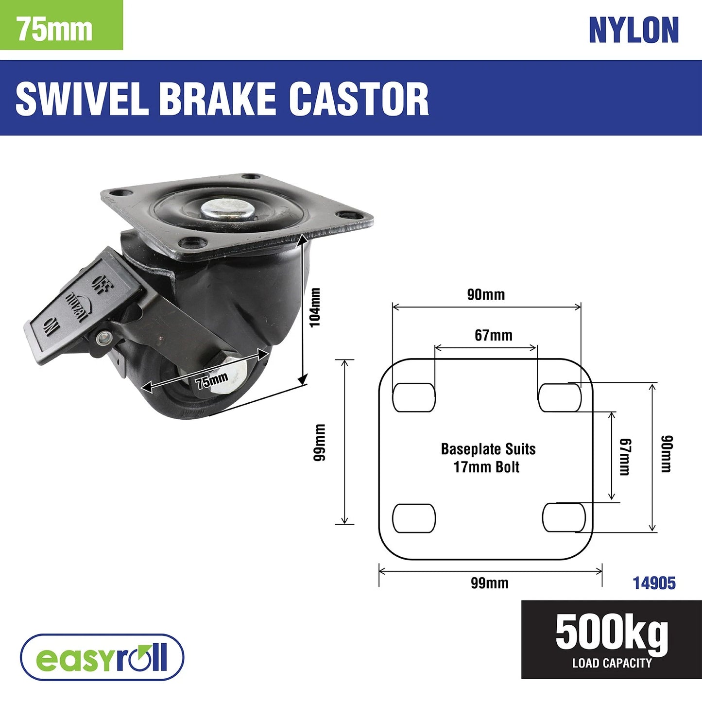 Easyroll 75mm 500kg Black Swivel Brake Nylon Machine Castor for Indoor Use
