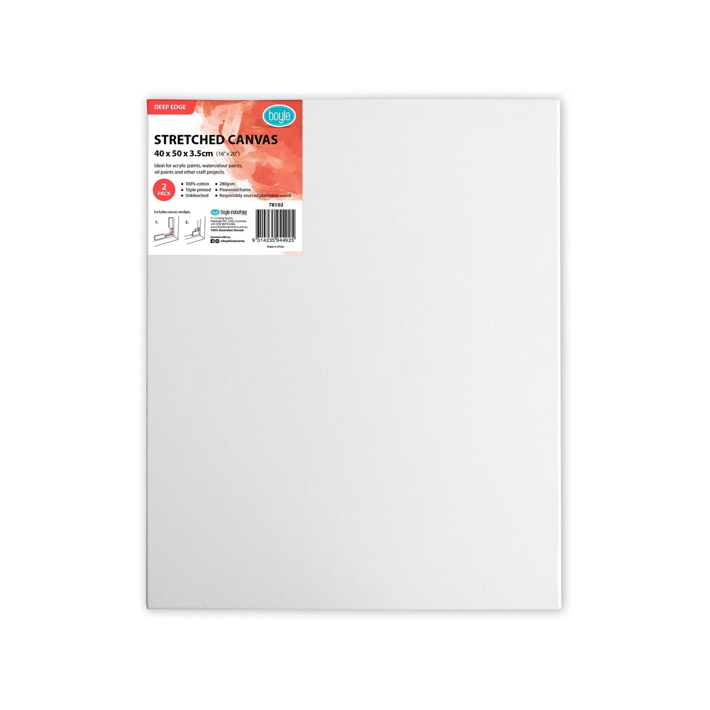 Boyle 40x50cm Deep Edge Stretched Canvas 2 Pack - 100% Cotton, Triple Primed, Eco-Friendly