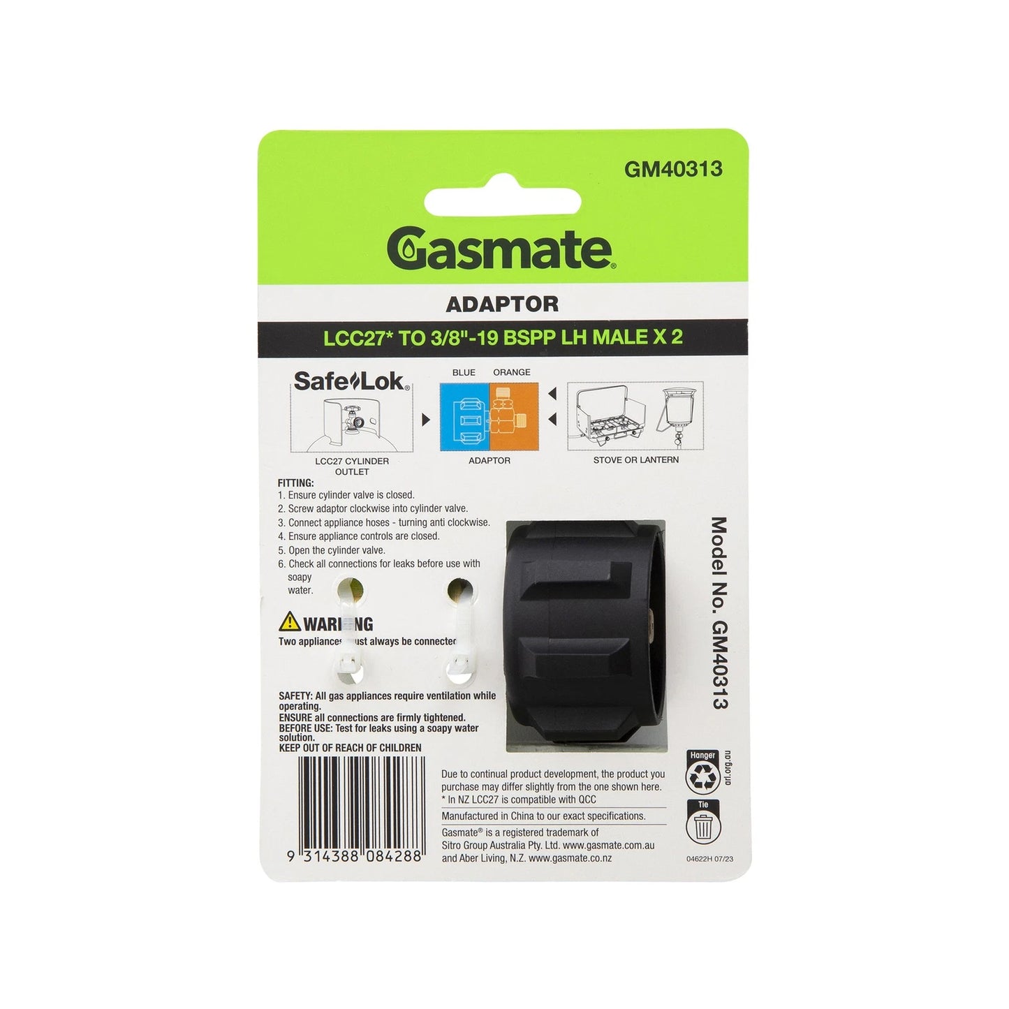 Gasmate LCC27 to 3/8" BSPP LH Adaptor, Dual Appliance Connection, Brass & Nylon