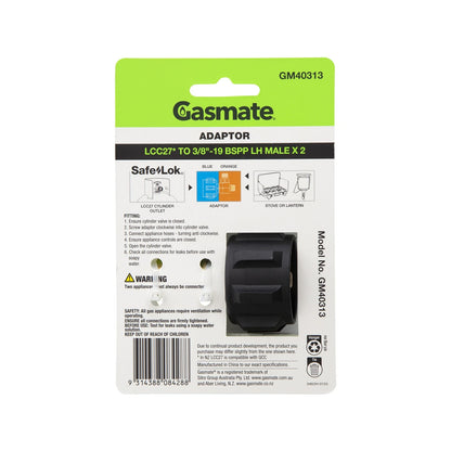 Gasmate LCC27 to 3/8" BSPP LH Adaptor, Dual Appliance Connection, Brass & Nylon