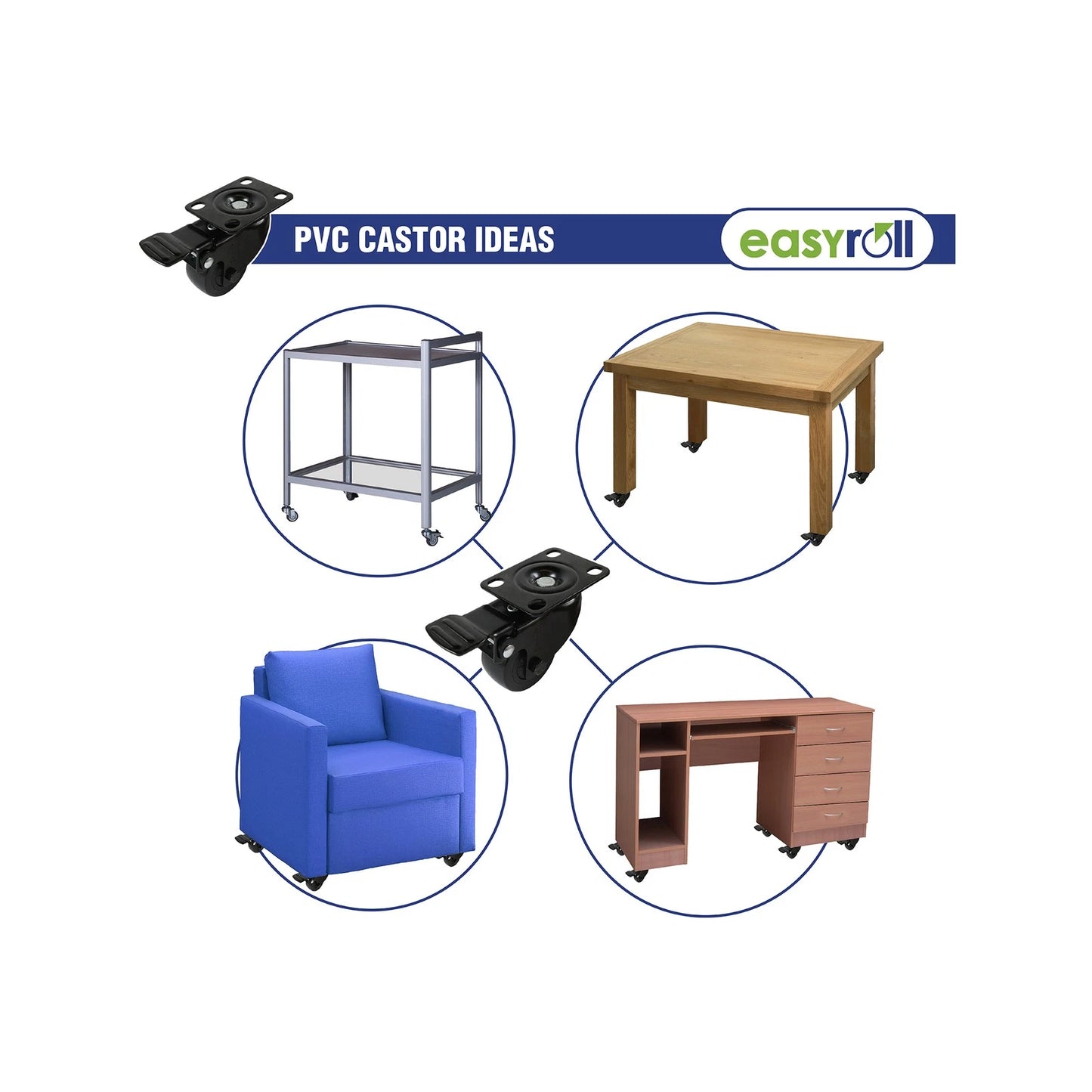 Easyroll 50mm Black PVC Fixed Castor, Durable & Shock-Absorbent Wheels, Indoor/Outdoor Use