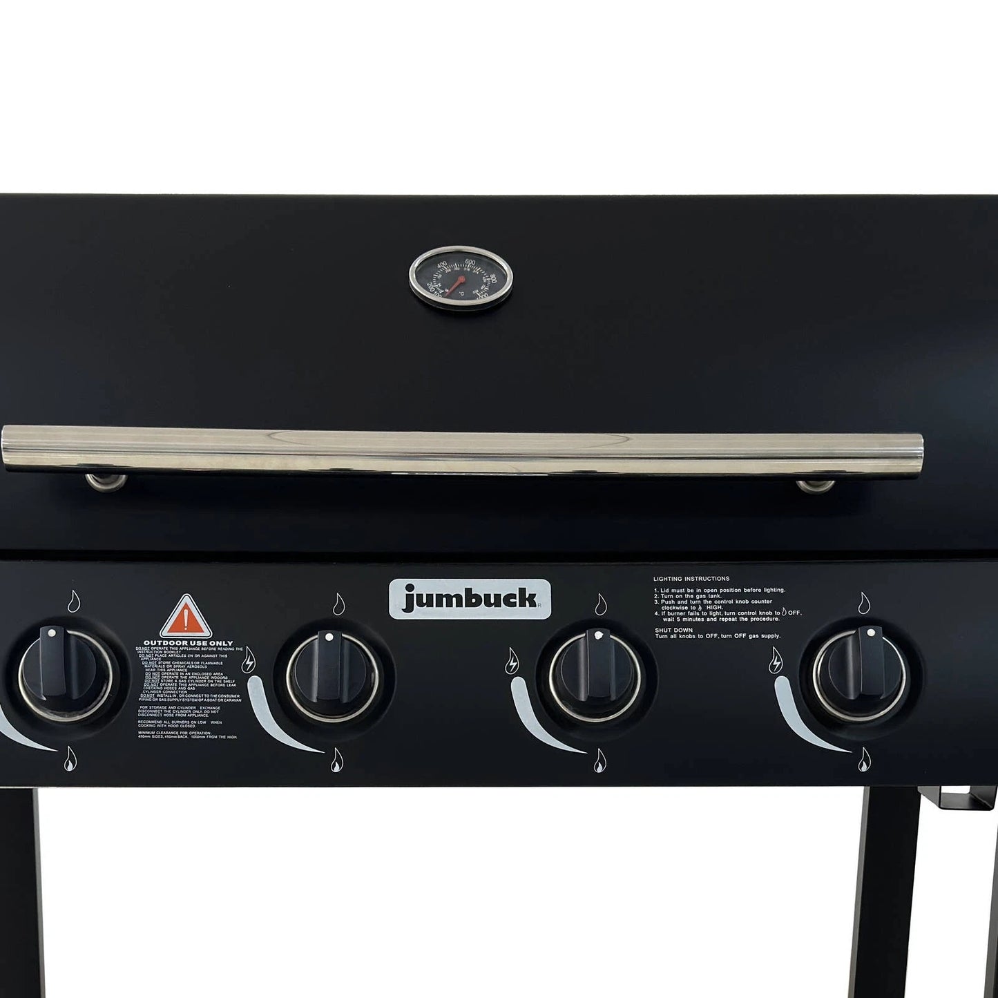Jumbuck 4 Burner Hooded Gas BBQ, Cast Iron Grill, Auto Ignition, Portable, Black