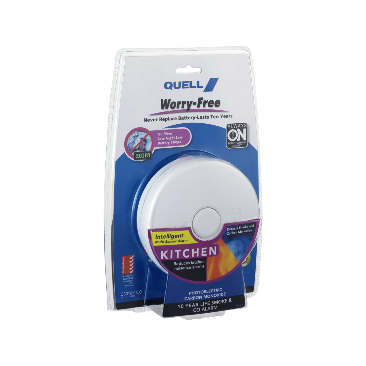 Quell Worry-Free Photoelectric & CO Alarm, 10-Year Battery, Dual Detection, Kitchen Safe