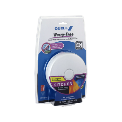 Quell Worry-Free Photoelectric & CO Alarm, 10-Year Battery, Dual Detection, Kitchen Safe
