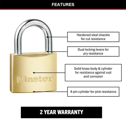 Master Lock 40mm Brass Keyed Padlock 4 Pack - Corrosion Resistant, Hardened Steel Shackle