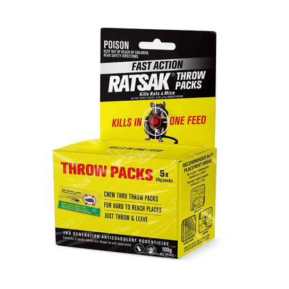 Ratsak 100g Fast Action Rodent Control Throw Pcs - Brodifacoum, Child & Pet Safe