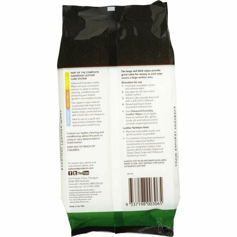 Oakwood Leather Polish Conditioner Wipes 20pk - Cleans, Conditions, Restores (3 Packs)