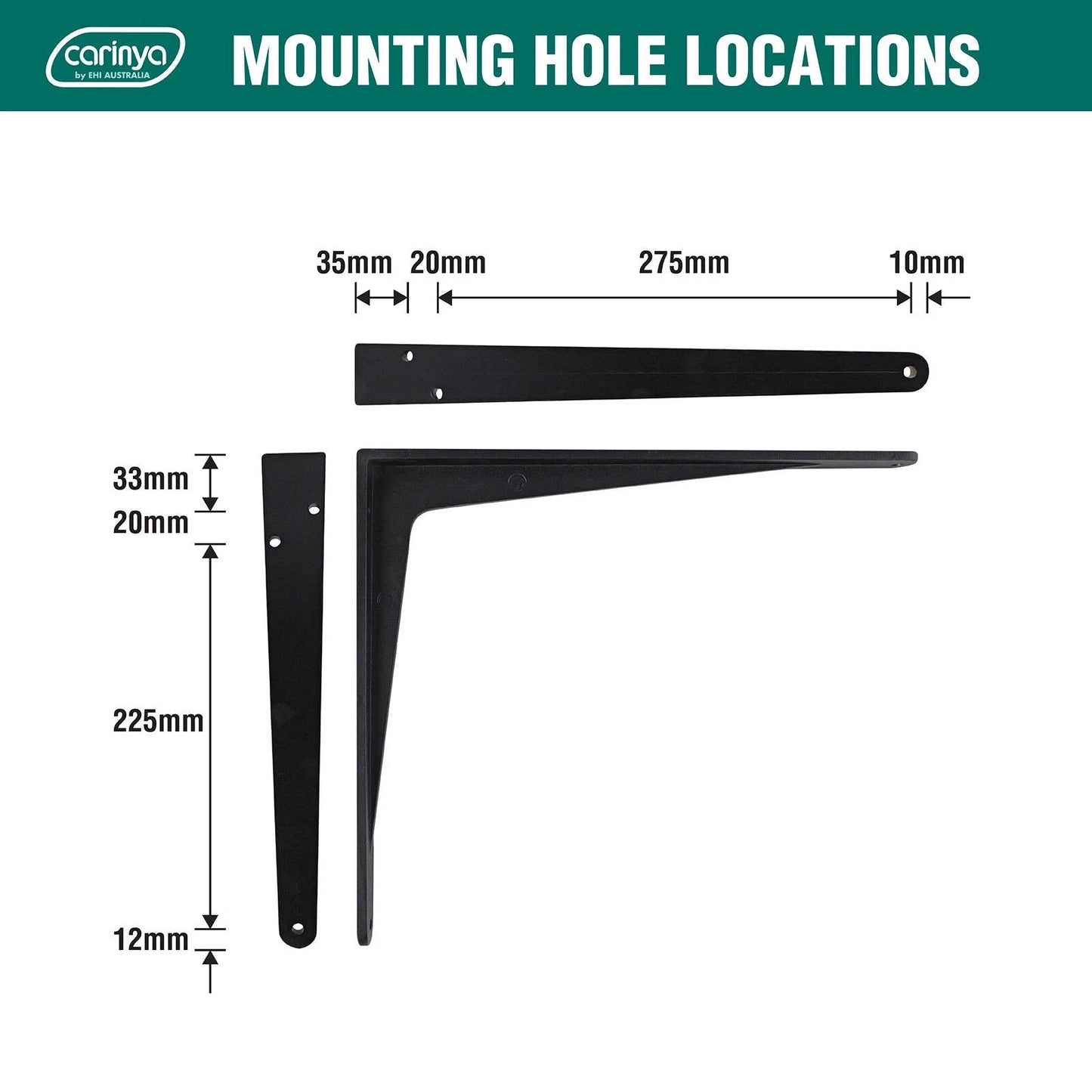 Carinya Black Heavy Duty 340x290mm Cast Aluminium Angle Bracket 150kg Load Capacity