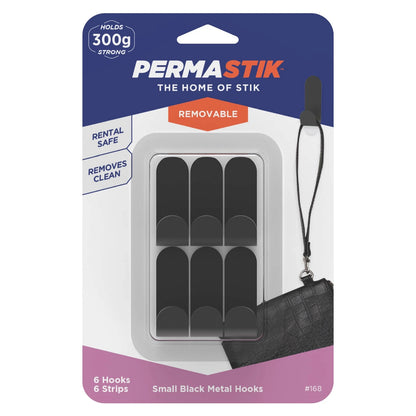 Permastik Small Black Metal Hooks 6 Pack - No Drilling, Stainless Steel, Matte Finish