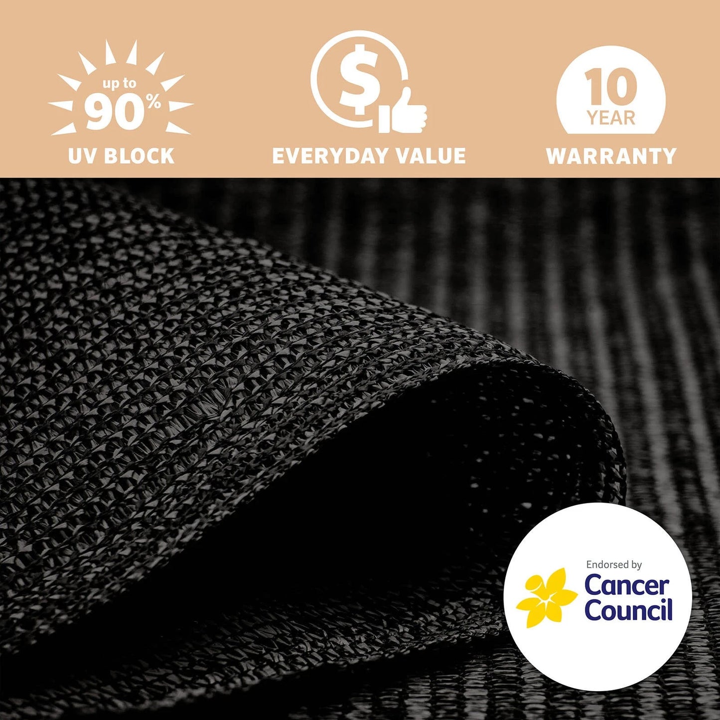Coolaroo Black Sun Protection Shade Cloth 3.66 x 3m, 90% UV Block, Cancer Council Endorsed