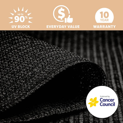 Coolaroo Black Sun Protection Shade Cloth 3.66 x 3m, 90% UV Block, Cancer Council Endorsed
