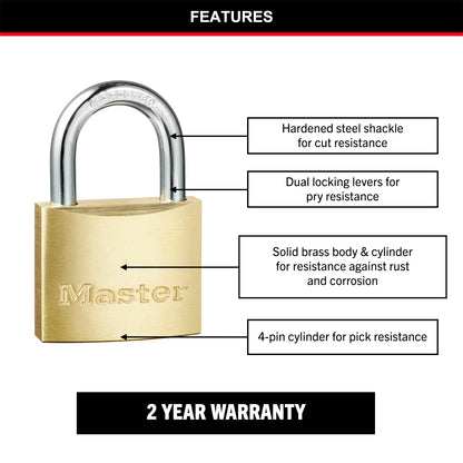 Master Lock 40mm Brass Keyed Padlock 2 Pack, Corrosion-Resistant, Dual Locking Levers