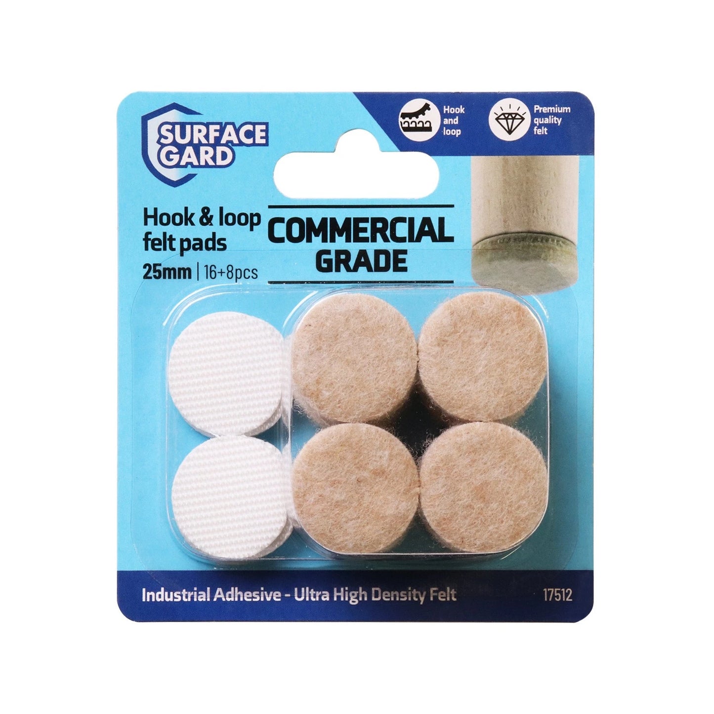 Surface Gard 25mm Beige Hook & Loop Felt Pads - Durable, Noise Reducing, 8pcs