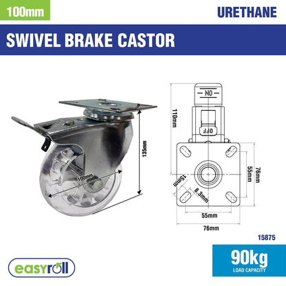 Easyroll 100mm Transparent Swivel Castor with Brake, 90kg Load, Polyurethane Wheel