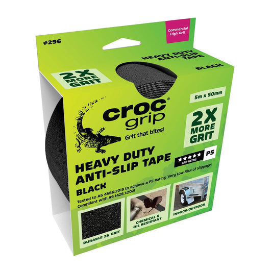 Croc Grip Black Heavy Duty Anti-Slip Tape 5m x 50mm, P5 Slip Rating, Indoor/Outdoor Use