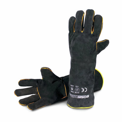 Bossweld 16" Black & Gold Welding Gloves, Heavy Duty, Fully Lined, Extended Length, Reinforced Palm