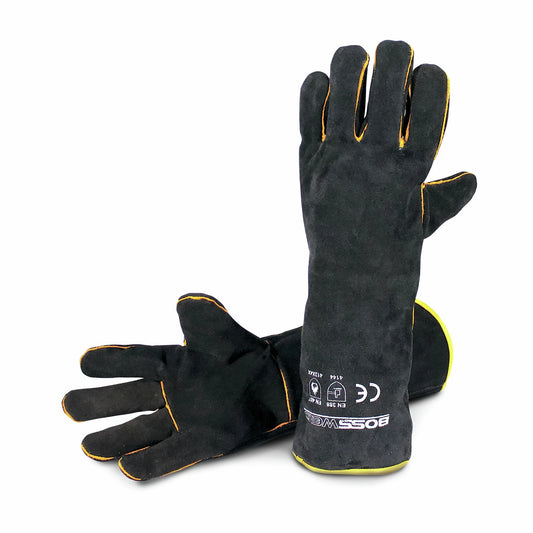 Bossweld 16" Black & Gold Welding Gloves, Heavy Duty, Fully Lined, Extended Length, Reinforced Palm