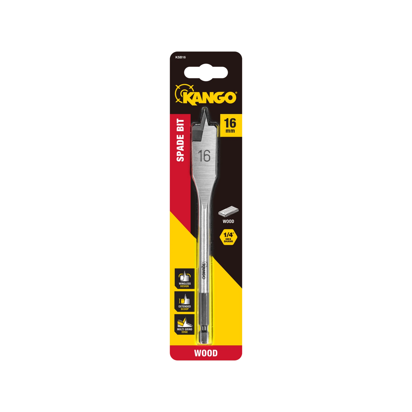 Kango 16mm Spade Bit - Wingless Design, Extended Scoop, Multi Grind Edge, ¼” Hex Shank