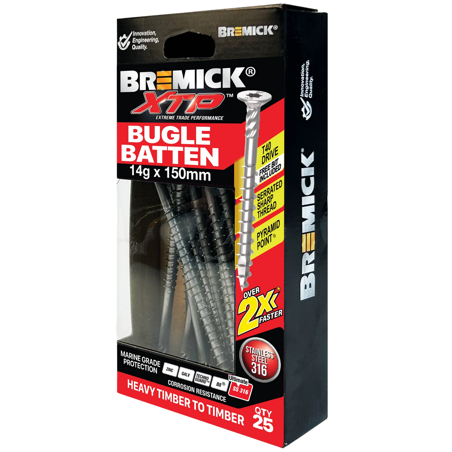 Bremick Stainless Steel 316 Bugle Batten Screws 14g x 150mm T40 - 25 Pack