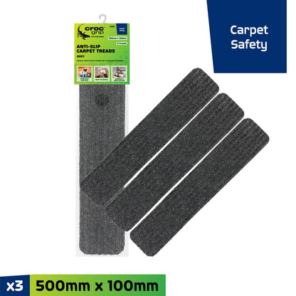 Croc Grip Grey Anti-Slip Carpet Treads 500mm x 100mm 3 Pack - Durable, Easy Install, Pet Friendly