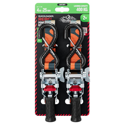 Quickloader Rebel Ratchet Strap 25mm x 4m 400kg Lashing Capacity 2 Pack - Durable & Visible