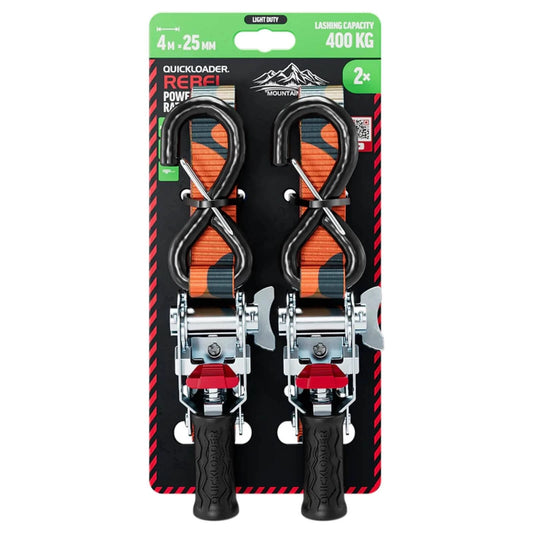 Quickloader Rebel Ratchet Strap 25mm x 4m 400kg Lashing Capacity 2 Pack - Durable & Visible