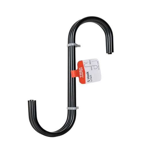 Taskmaster Black Steel S Hooks 180x55x6mm - 4 Pack, Durable Garage Storage Solution