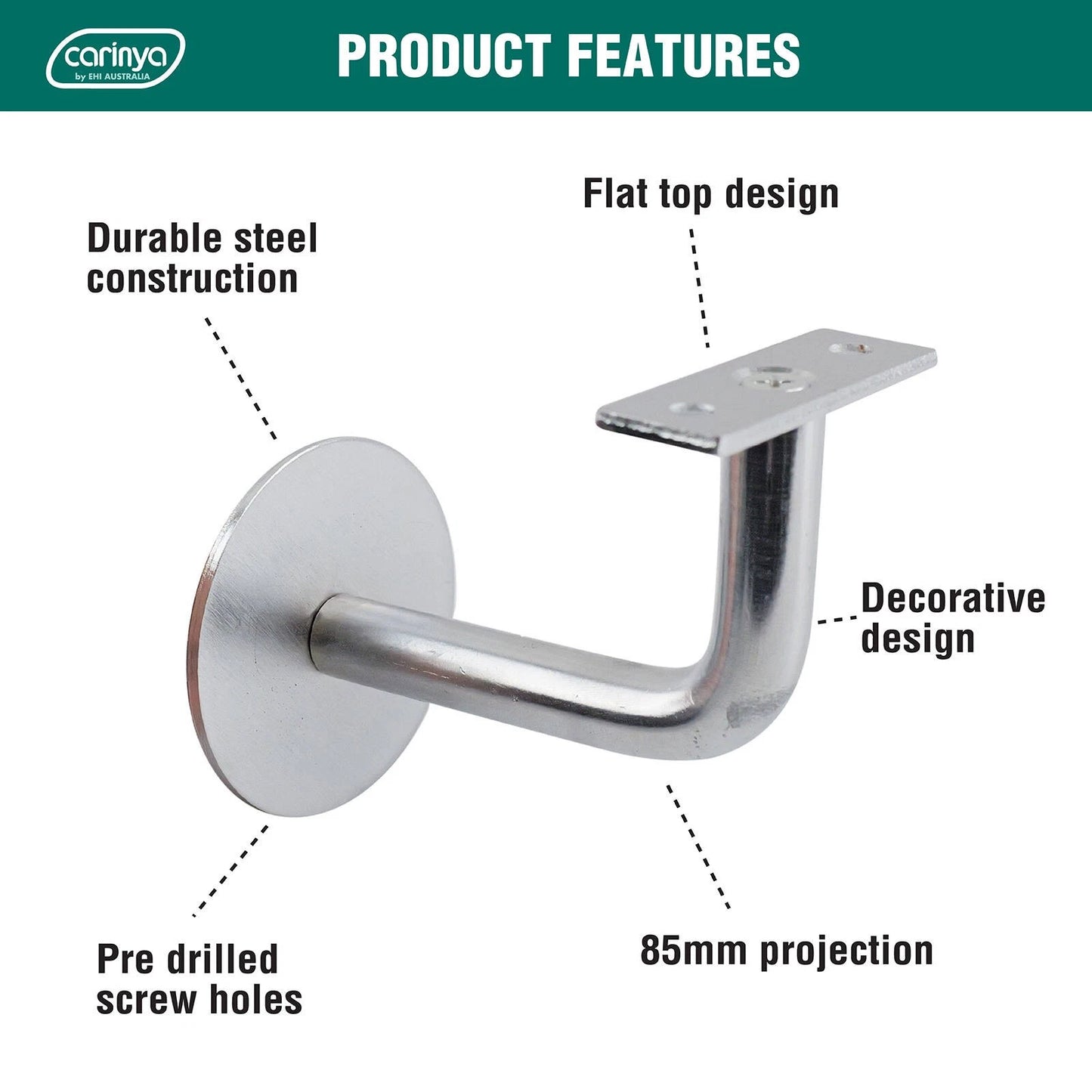 Carinya Chrome Handrail Bracket - Flat Top, Corrosion Resistant, Easy Install
