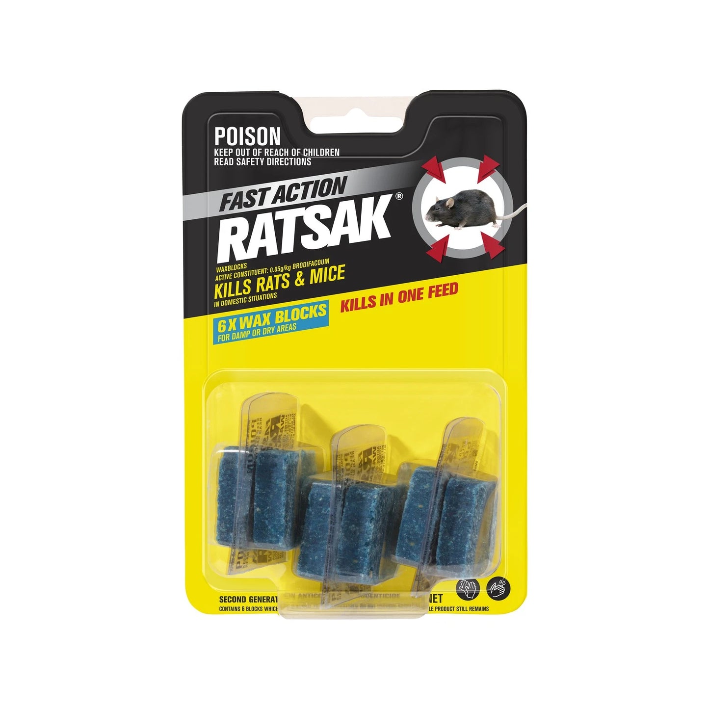 RATSAK Fast Action Wax Blocks - Moisture Resistant, Fast-Acting Rodent Control, 6 Pack