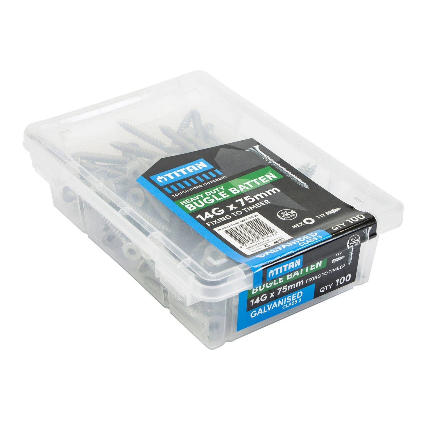 Titan 14G x 75mm Galvanised Bugle Batten Screws - 100 Pack, High-Torque, Corrosion Resistant