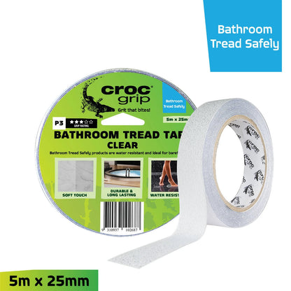 Croc Grip Clear Bathroom Tread Tape 5m x 25mm, Slip-Resistant, Water-Resistant, Vinyl