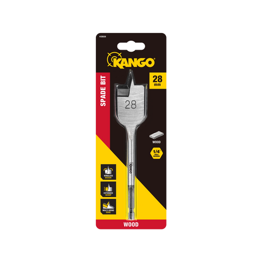 Kango 28mm Spade Bit - Wingless Design, Extended Scoop, Multi Grind Edge, ¼” Hex Shank