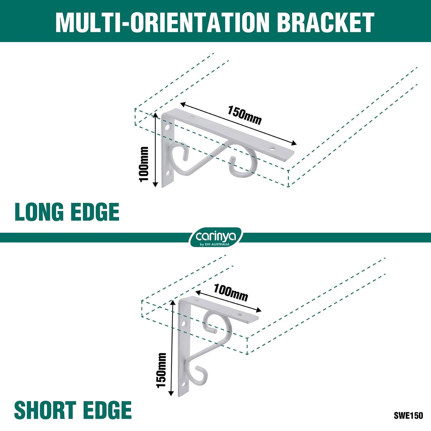Carinya 150x100mm White Scroll Stayed Bracket, 100kg Load, Powder Coated Steel