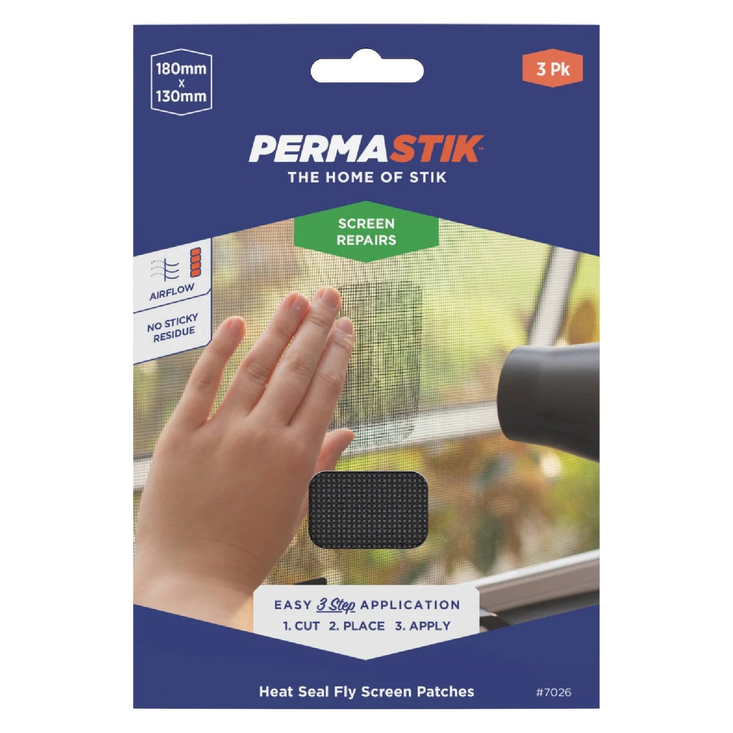 Permastik Flyscreen Heat Seal Repair Patches 180x130mm 3 Pack - No Residue, Easy Install, Max Airflow
