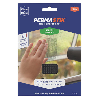 Permastik Flyscreen Heat Seal Repair Patches 180x130mm 3 Pack - No Residue, Easy Install, Max Airflow