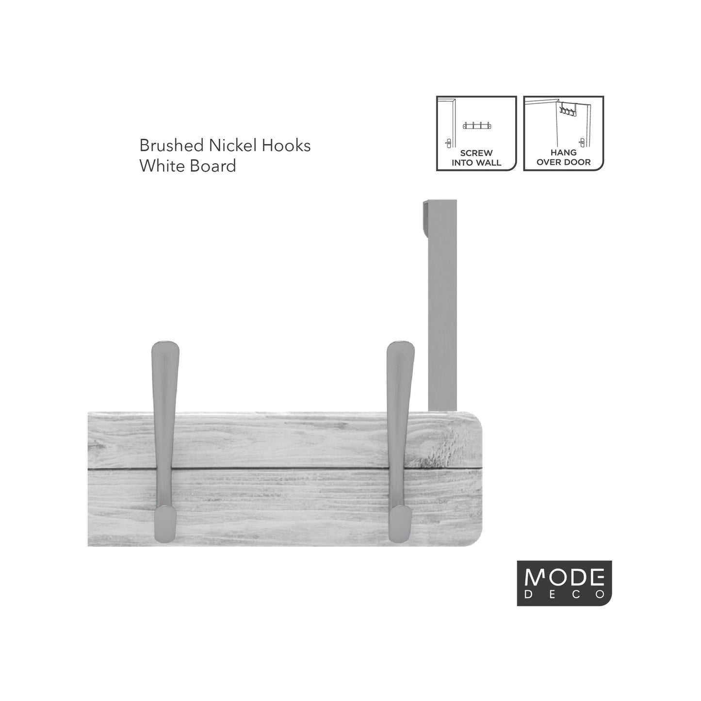 MODE 4 Brushed Nickel Over Door Hooks on White Wash Board Hanger, No Tools Required
