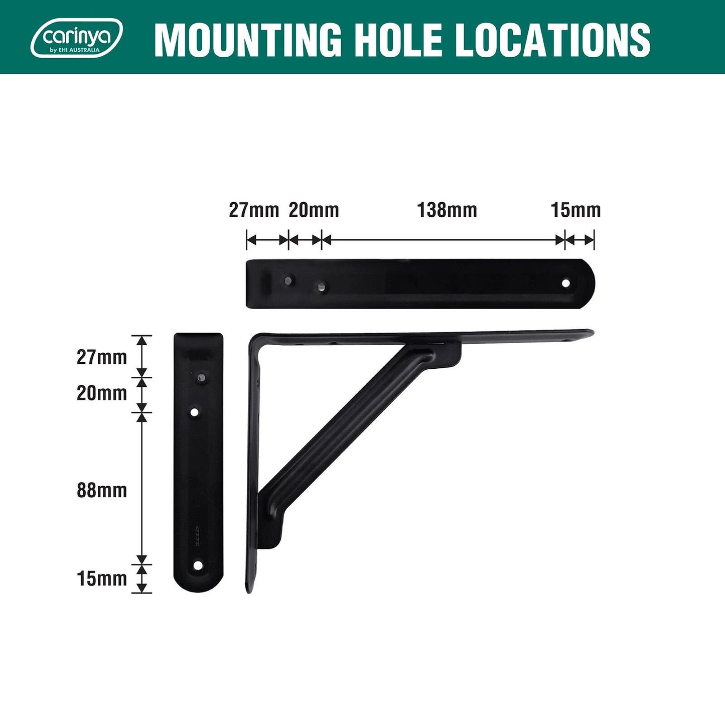 Carinya Black 200x150mm Light Stayed Bracket, 100kg Load, Indoor/Outdoor Use