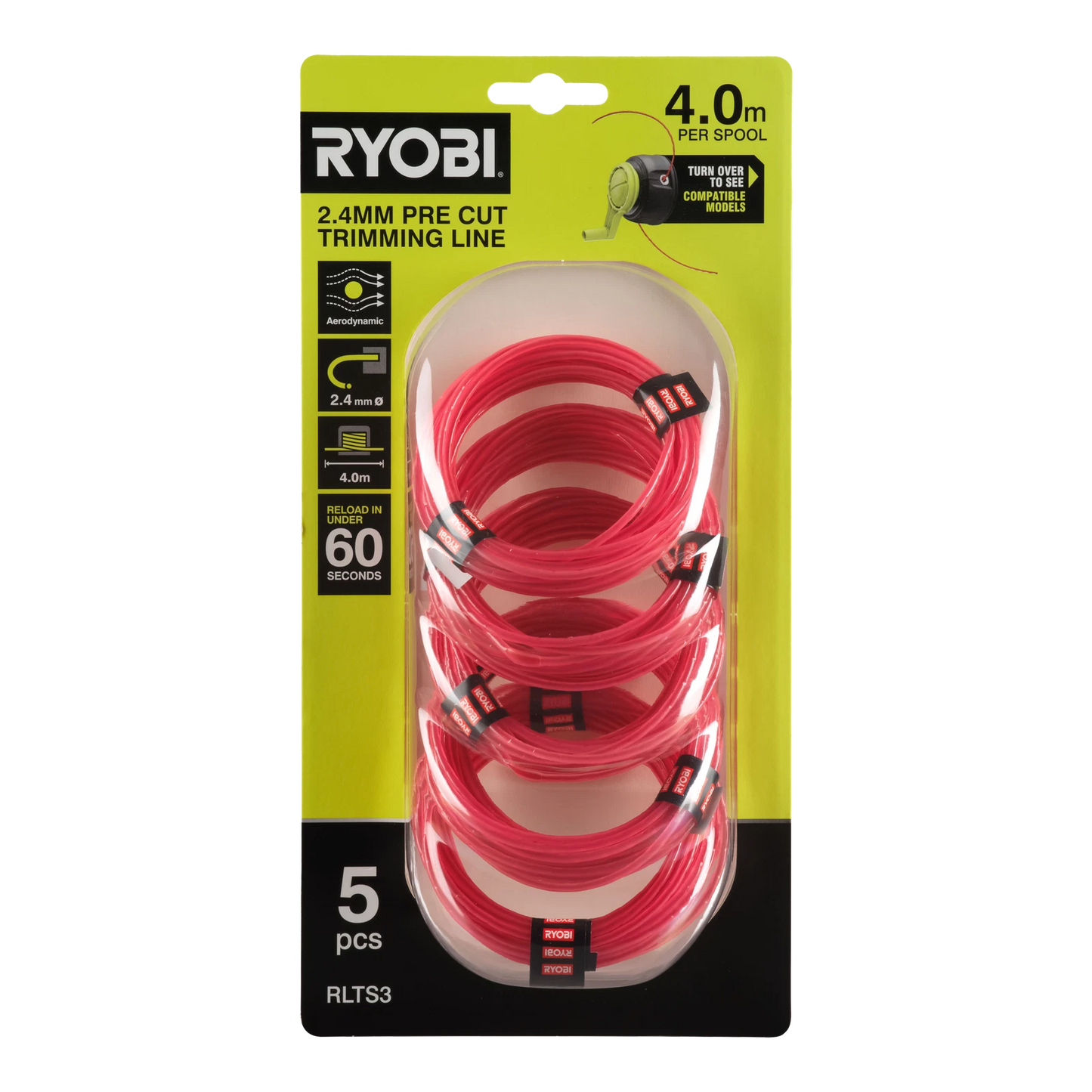 Ryobi 2.4mm Pre-Cut Spools 5 Pack for Line Trimmers - Easy Replacement & Durable Design