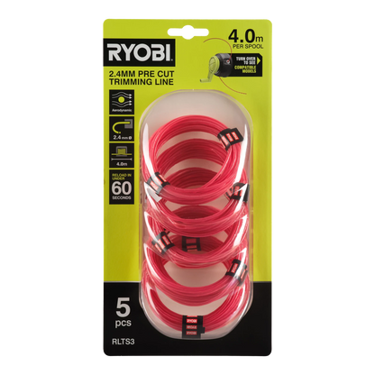 Ryobi 2.4mm Pre-Cut Spools 5 Pack for Line Trimmers - Easy Replacement & Durable Design