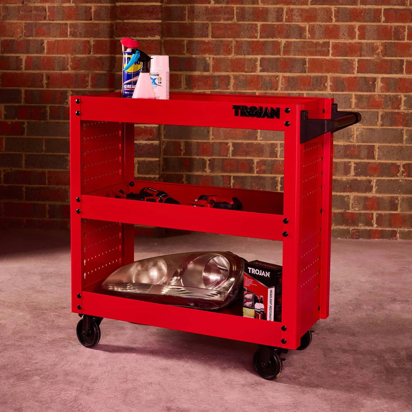 Trojan Steel 3 Tier Pegboard Service Cart, 200kg Capacity, Swivel Castors, Lifetime Warranty