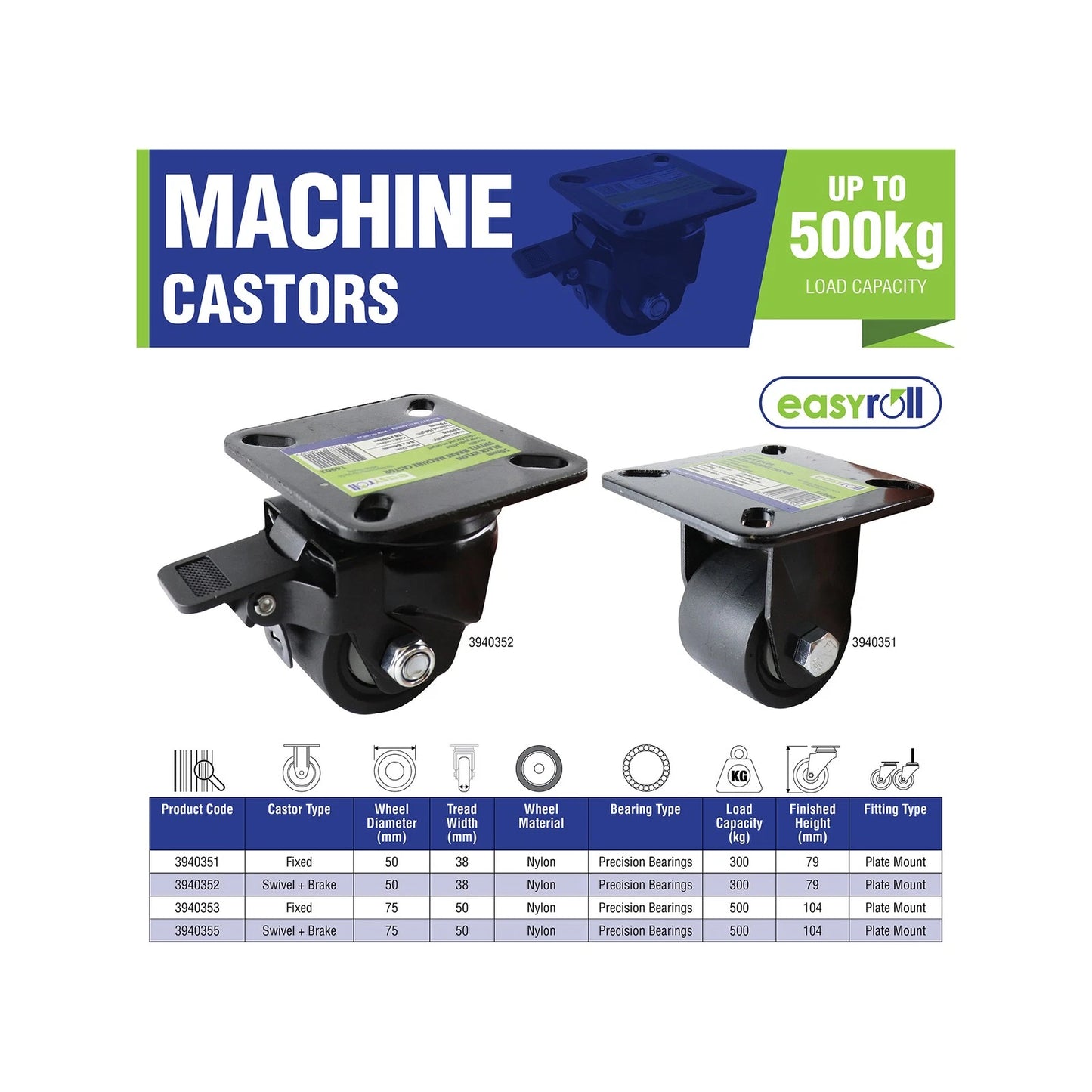 Easyroll 75mm 500kg Black Fixed Machine Castor, Heavy Duty Nylon Wheels