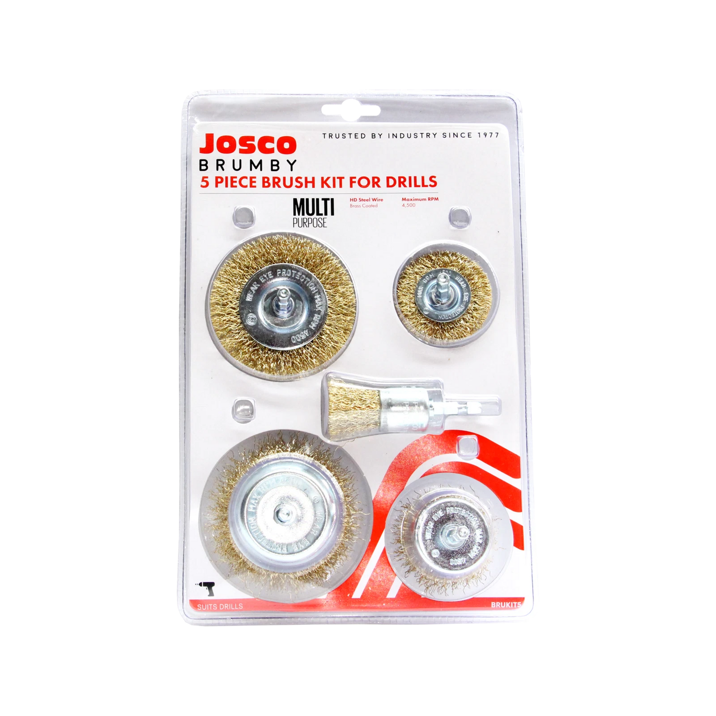 Josco 5 Piece Drill Brush Kit, Brass-Coated Steel, Versatile Cleaning, 1/4" Hex Shank