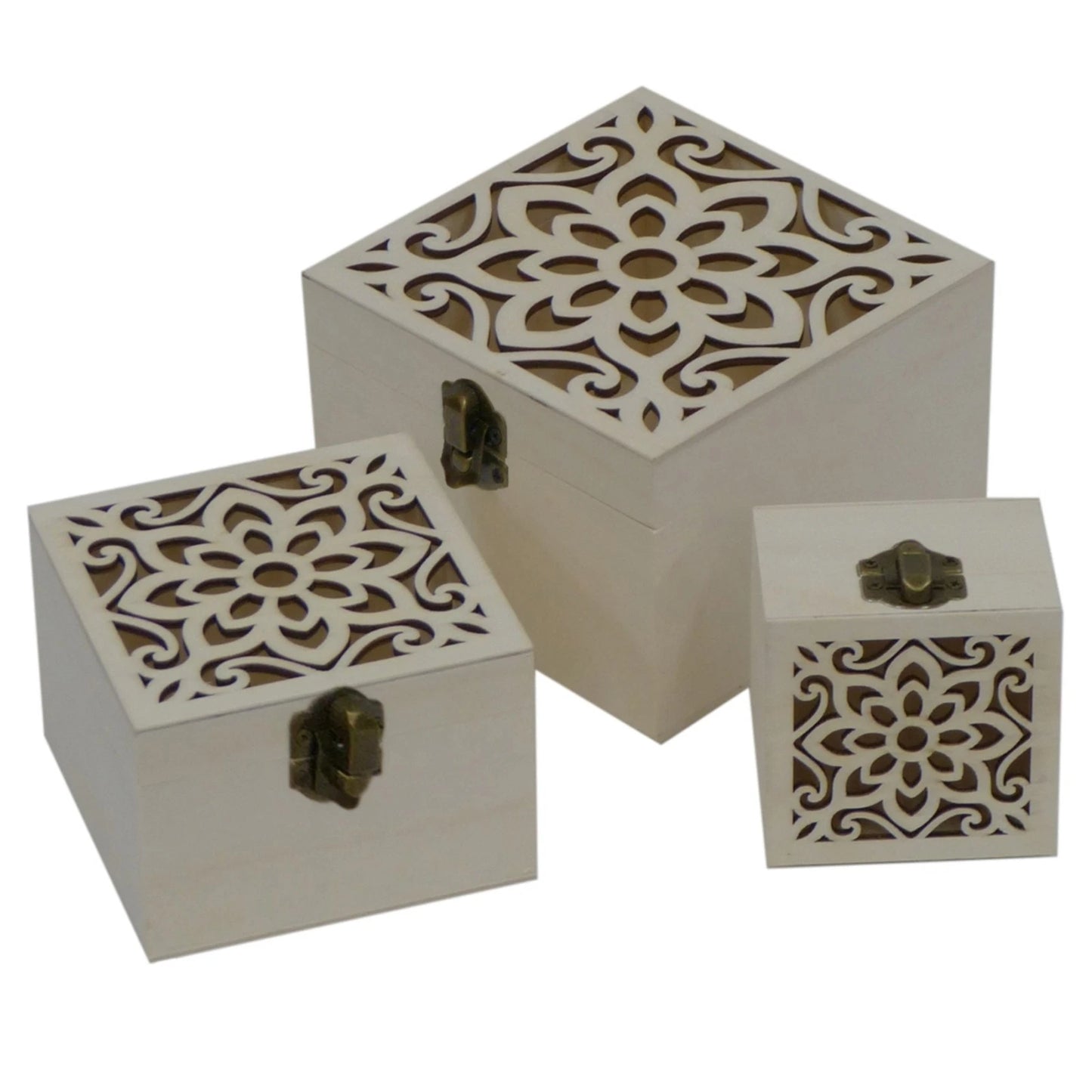 Boyle Plywood Square Boxes Set of 3 with Laser Cut Flowers, Craft & Decor