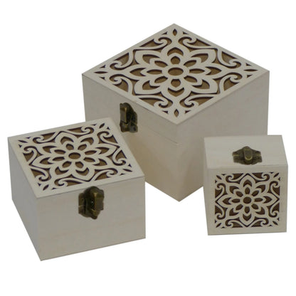 Boyle Plywood Square Boxes Set of 3 with Laser Cut Flowers, Craft & Decor