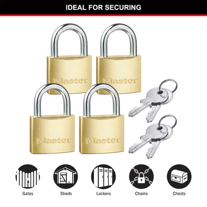 Master Lock 40mm Brass Keyed Padlock 4 Pack - Corrosion Resistant, Hardened Steel Shackle