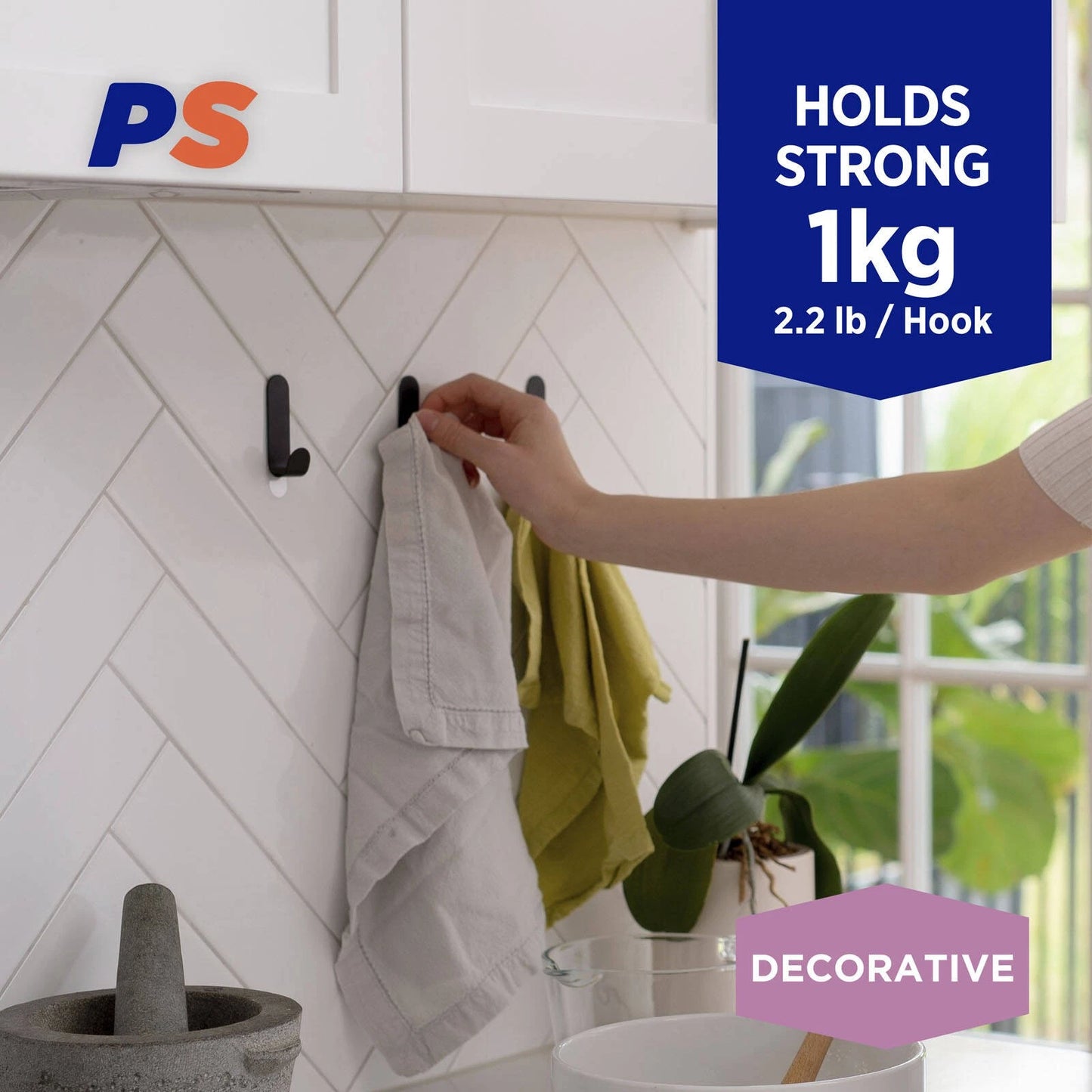 Permastik Medium Black Metal Hooks 3 Pack - No Damage, 1kg Capacity, Matte Black Finish